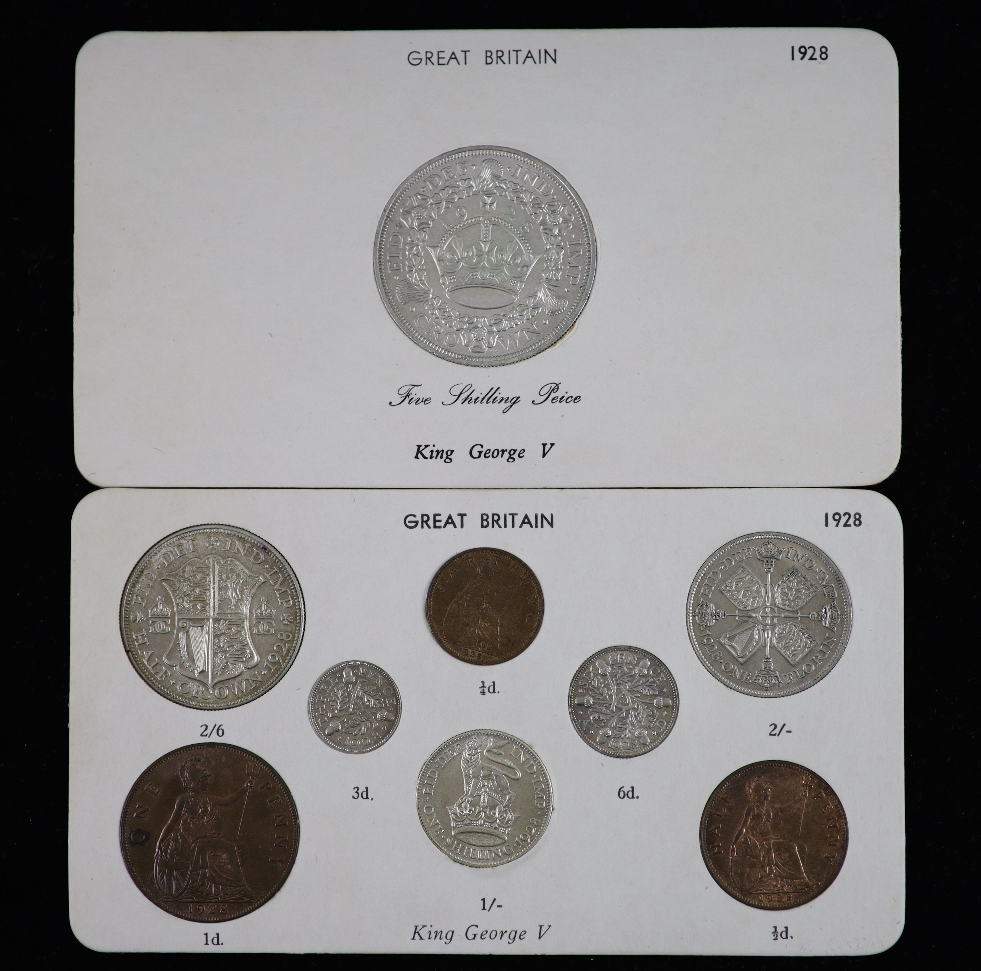 A George V specimen set of nine coins, 1928, fourth coinage, comprising Crown, 1928 (S 4036), cleaned, obv. edge nick at 12, otherwise EF, halfcrown to threepence, cleaned otherwise near EF, penny to farthing, toned and